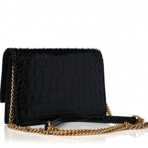 Balenciaga- Shiny Calfskin Crocodile Embossed Sharp Crossbody Clutch Black - Picture 12 of 12